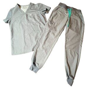 Figs Gray Scrub Set with Teal Drawstring